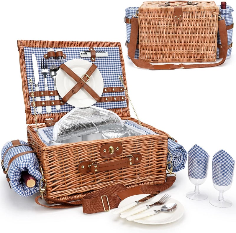 WILLOW WEAVE Picnic Baskets for 2, Picnic Basket with Waterproof Blanket, Picnic Basket Set with Washable Beach Mat & Large Insulated Cooler Compartment, Handmade Natural Wicker Hamper for Camping, Outdoor Party - Image 1